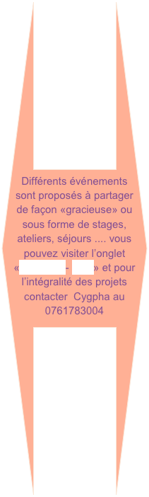Différents événements sont proposés à partager de façon «gracieuse» ou sous forme de stages, ateliers, séjours .... vous pouvez visiter l’onglet «Actualités- Blog» et pour l’intégralité des projets contacter Cygpha au
0761783004
0761783004