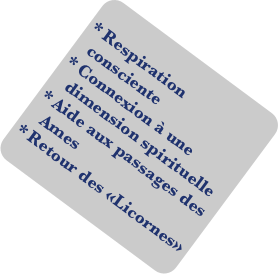      
Respiration   
  consciente
Connexion à une dimension spirituelle 
Aide aux passages des Ames
Retour des «Licornes»